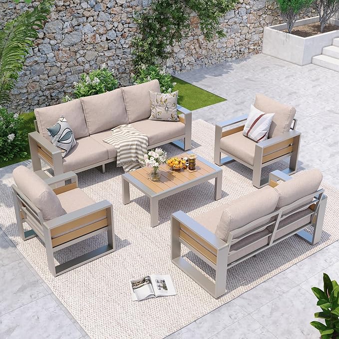 Aoxun Aluminum Patio Furniture Set, 7 Seats Luxury Metal Patio Conversation Sets