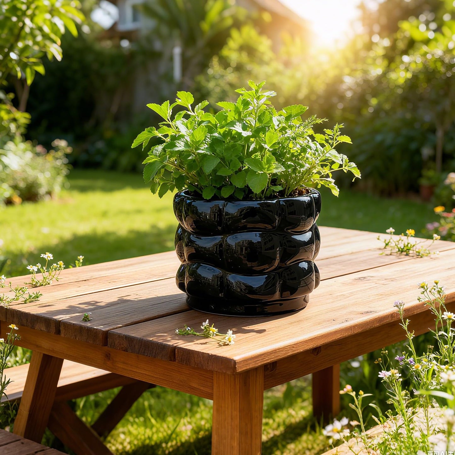 FUYHE 5.8 inch Ceramic Plant Pots with Drainage Hole,Modern Flower Pots for Indoor Plants,Black Ceramic Pots for Succulents, Home & Office Décor (Black)