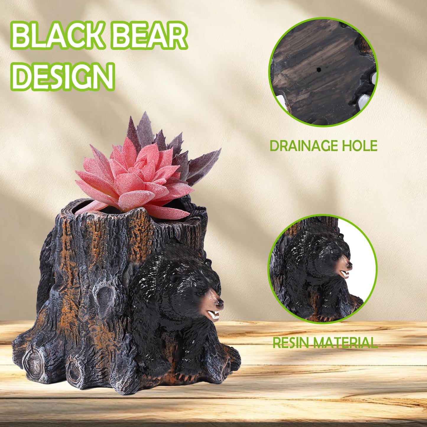 Seyont 5 Inch Black Bear Succulent Planter - Small Resin Tree Stump Flower Pot with Drainage Hole, Cute Animal Container for Cactus, Indoor Desktop Decor Gift