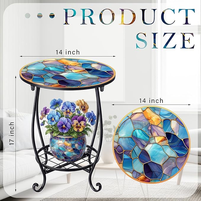 Cinnvoice Outdoor Side Table Round Small Mosaic Patio Accent Indoor End Plant