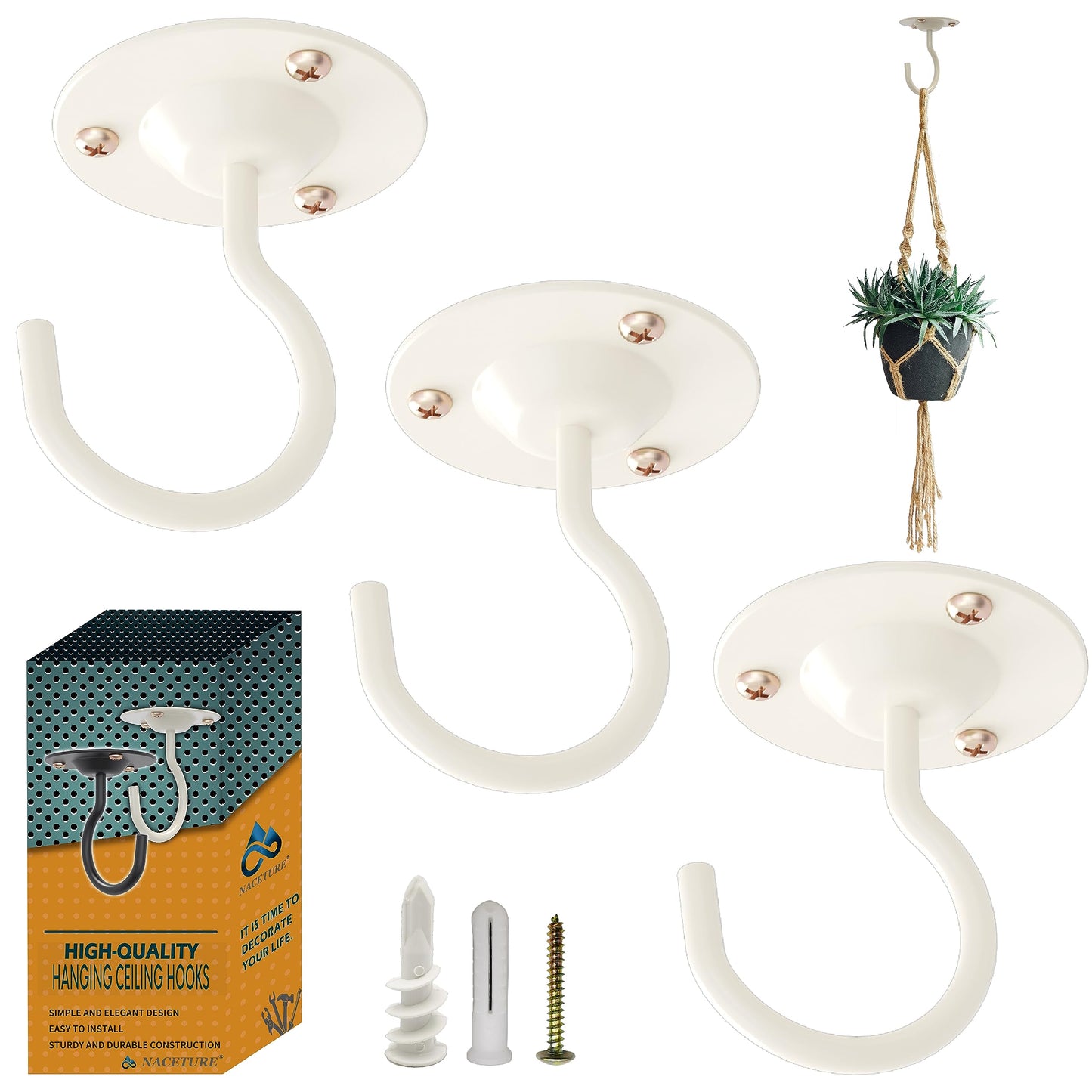 NACETURE Ceiling Hooks for Hanging Plants 3 Pack - Plant Hanger Indoor Hanging Hooks Metal Plant Bracket Iron Lanterns Hangers for Wind Chimes (White 3 Pack)