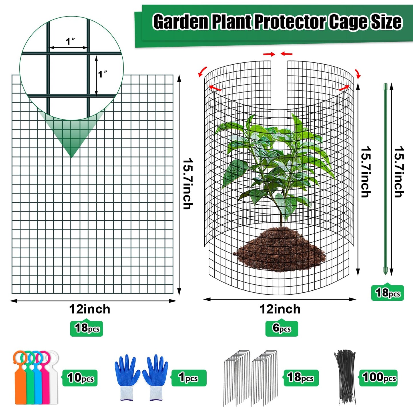 6 Set Wire Plant Protector from Animals - 12"x16" 18Pcs Metal Mesh Plant Cage Covers, Dual Secure with U-Stake & Support, Garden Rabbit Barricade Chicken Wire Cloche for Plants Shrubs Vegetable Flower