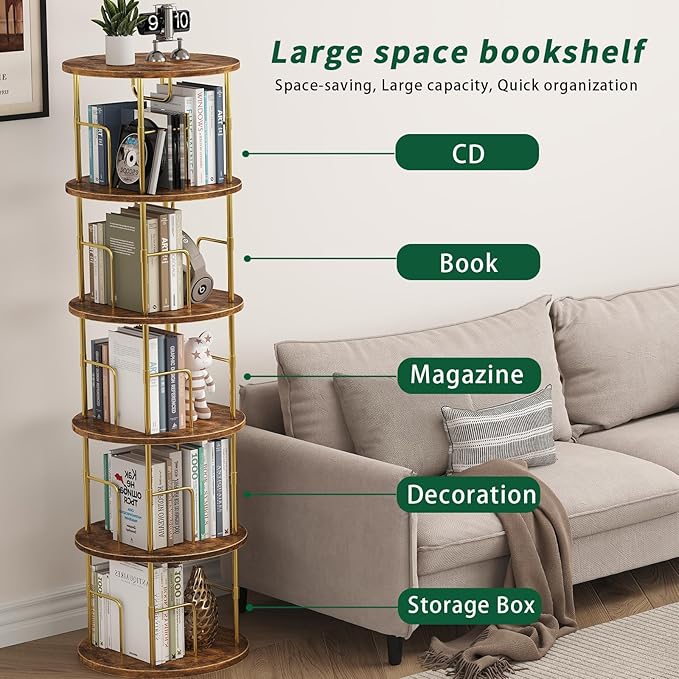 5Tier Rotating Bookshelf, 360 ° Display Stackable Spinning Bookshelf Tower