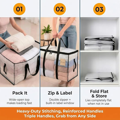 1 Pack Clear Storage Bags, PVC Foldable Blanket Storage Bags with Zipper & Handles for Sheet Organizers and Storage Closet Clothing Sweater Comforter Bedding Pillow (28.7x13.7x14.5 Inch)