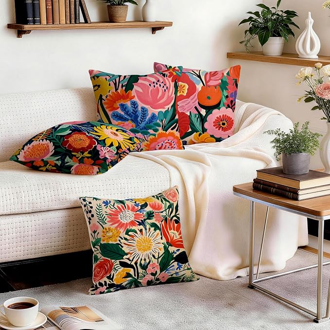 OBSEDE Floral Decorative Throw Pillow Covers 18x18 Set of 4, Double-Sided Print