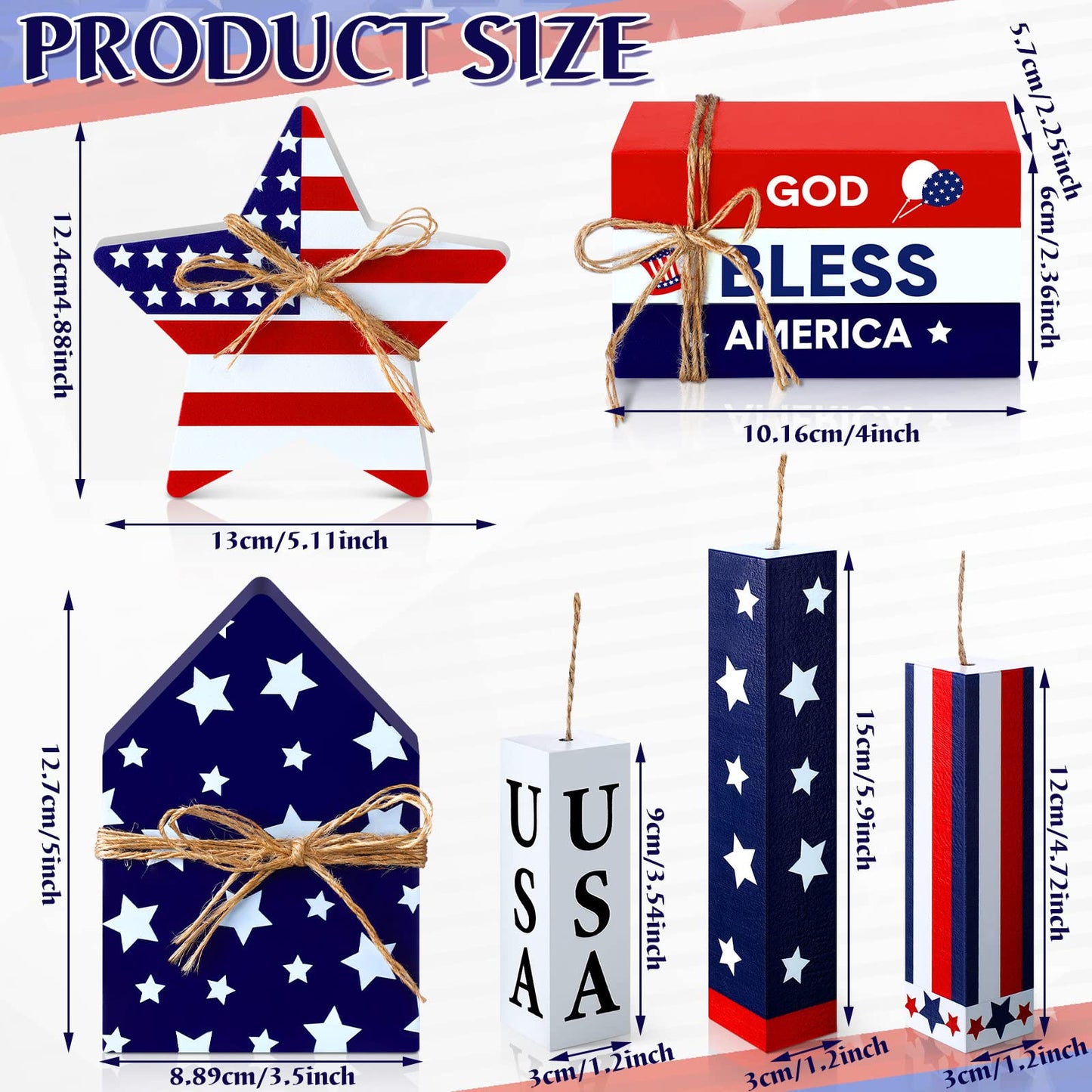 Kigley 8 Pcs 4th of July Table Decorations Wooden Patriotic Decorations 4th of July Tiered Tray Decor Set Faux Book Stack Firework Centerpieces Independence Day Tabletop for 250th Anniversary Home