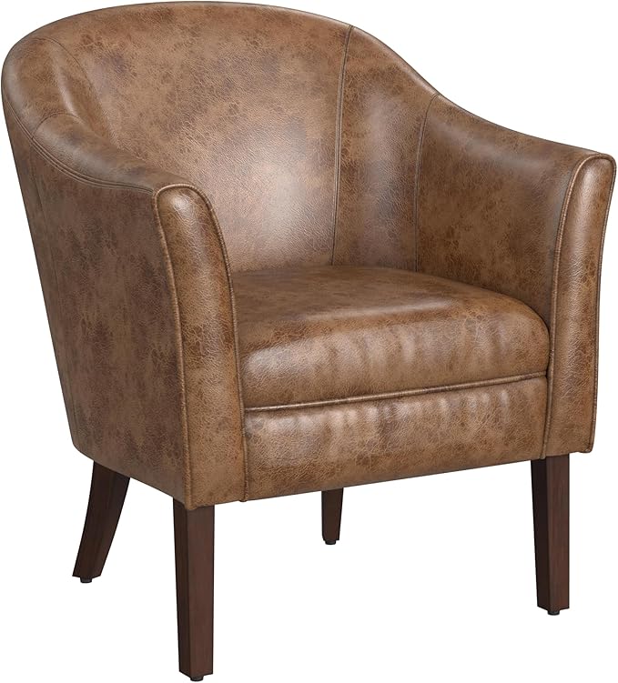 HomePop Modern Barrel Accent Chair, Distressed Brown Faux Leather