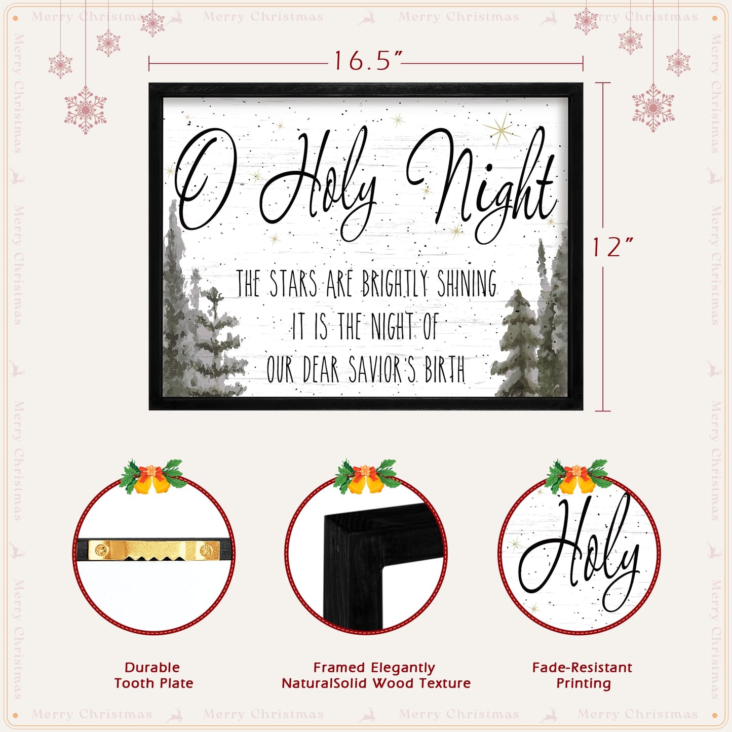 Ronasip Framed Christmas Wall Decor - O Holy Night Wooden Wall Art with Scripture (THE STARS ARE BRIGHTLY SHINING), Rustic Christmas Artwork, Xmas Home Decor, Winter Wall Sign (12"x16.5", Black)