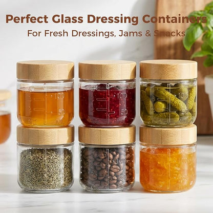 HomArtist 4oz Glass Salad Dressing Containers with Bamboo Lids - 6 Pack Small Airtight Condiment Cups, Mini Sauce Jars for Picnic, Ketchup, Dip & Snacks, Leakproof, BPA-Free & Dishwasher Safe
