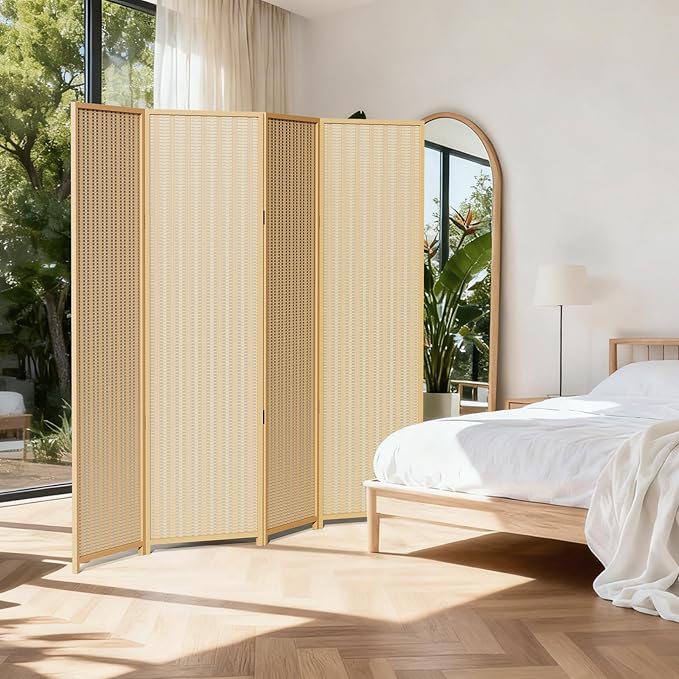 4 Panel Room Divider and Extra Wide Folding Privacy Screen, Bamboo Room Divider