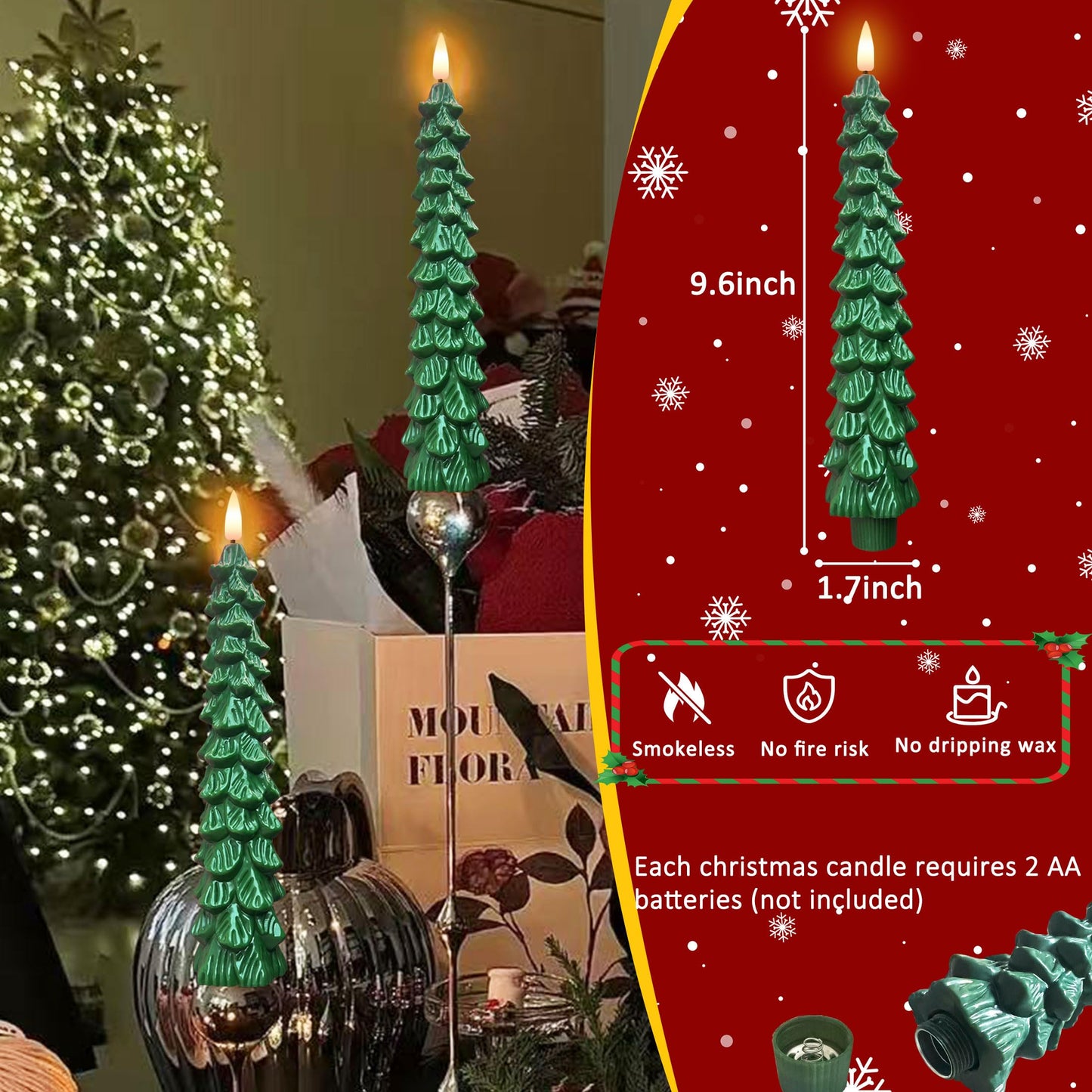 Qaeshi Christmas Tree Candles with Remote, Real Wax LED Flameless Taper Candles, Battery Operated 3D Flickering Candlesticks, Tree Taper Candle for Window Home Christmas Table Decorations (4pcs)