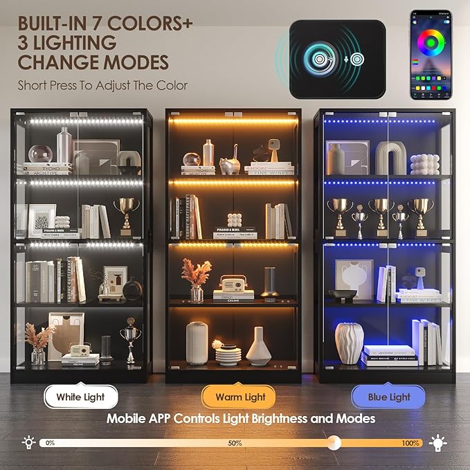 Airynee Display Cabinet with Glass Doors, 4-Tier Curio Cabinet with 7 Vibrant 3