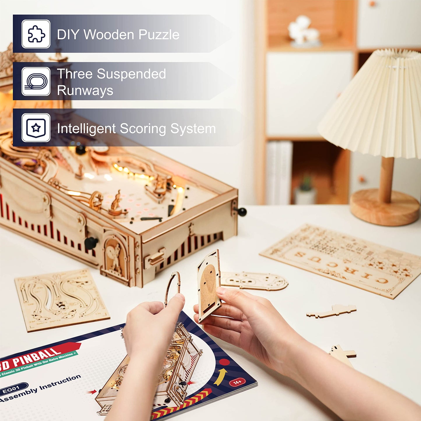 Rowood Wooden Puzzles 3D Pinball Machine Mechanical Model Wooden 3D Puzzles for Adults DIY Pinball Game Wooden Puzzle-Model Building Kits Christmas Birthday Gifts for Adult and 14+