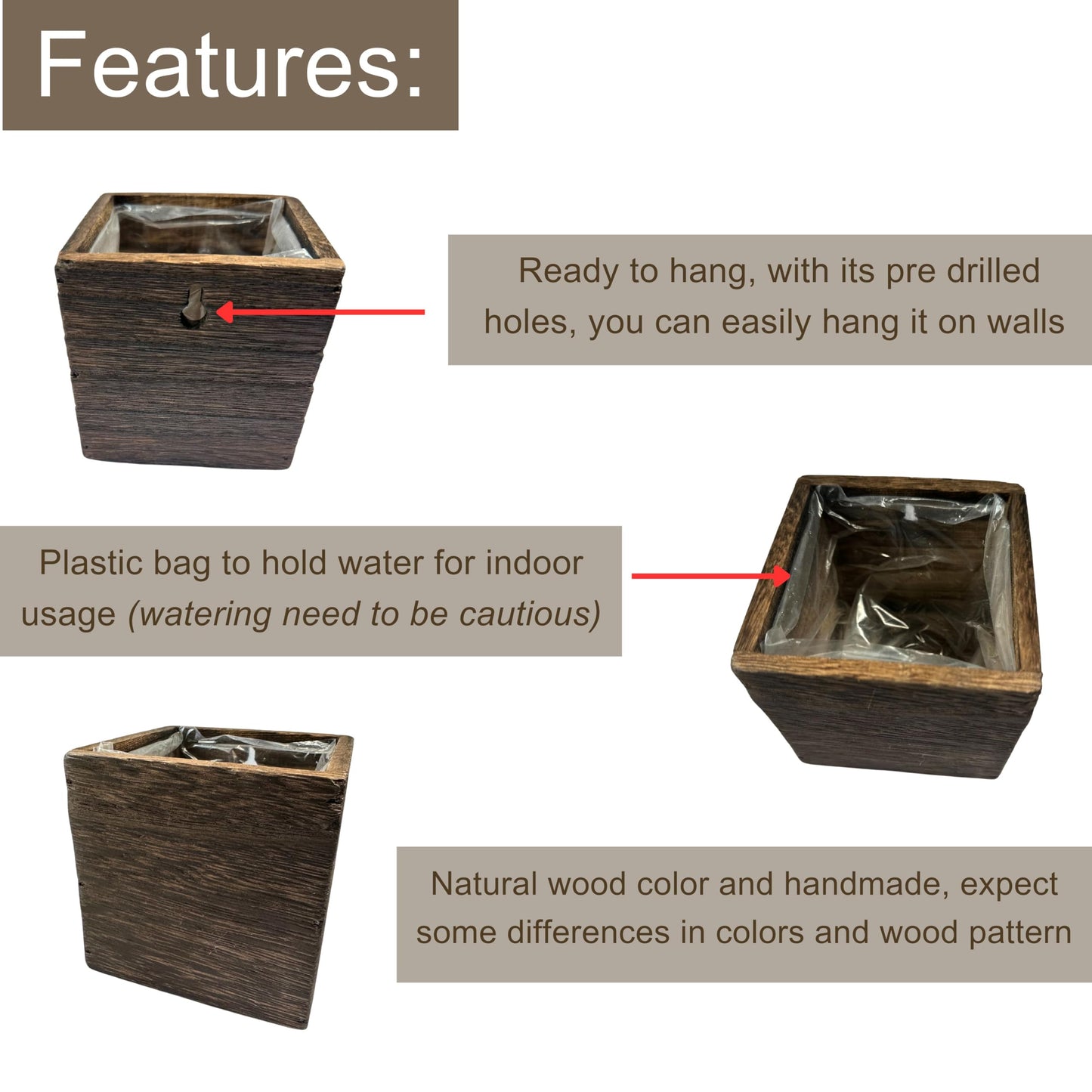 LaLaGreen Wood Planter Boxes for Indoor Plants (4x4 Inch, 6 Pack) Small Square Wall Mounted Planters Flower Pot, Herb Wooden Box Hanging Plant Holder Outdoor Balcony Vertical Garden Modern Home Decor