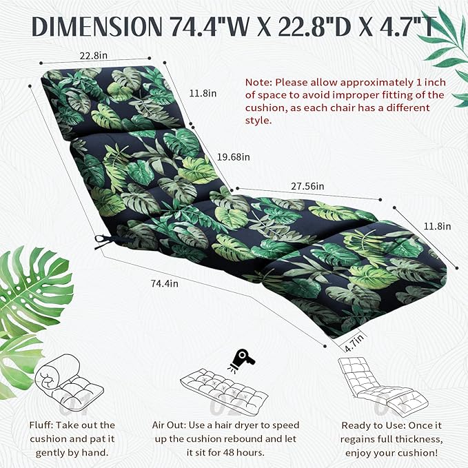 EverPine Outdoor Chaise Lounge Chair Cushion 74.4 x 22.8 x 4.7 Inche, Patio