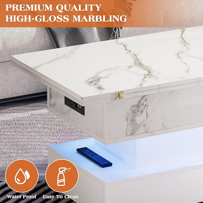 SYESWAY 39.4” Modern High Gloss Marble Lift Top Coffee Table