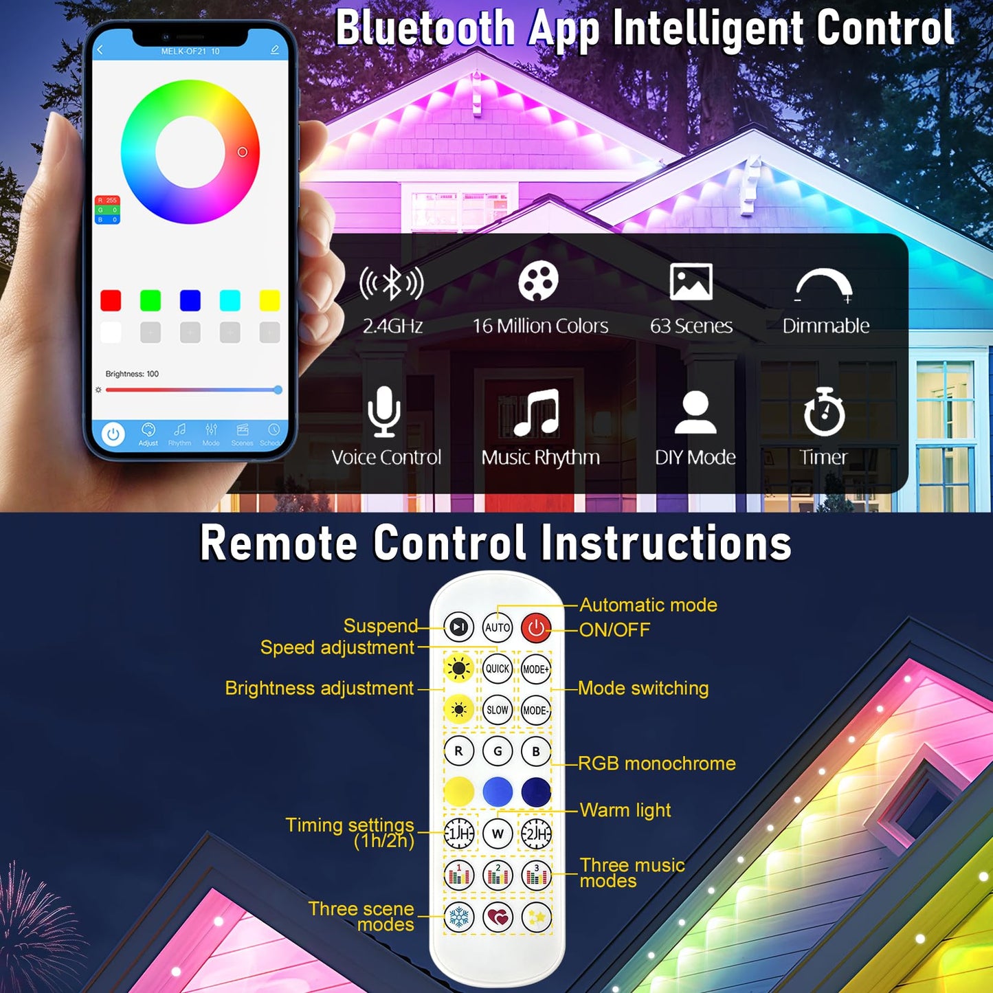 MUCCCUTE Permanent Outdoor Lights for Easter150ft RGB + IC Eaves Lights with App & Remote Control, Outdoor String LED IP67 Waterproof for Holidays New Year July 4th Roof Eaves House Garden Decor