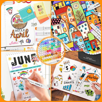 Caliart 121 Colors Brush & Fine Alcohol Markers for Adult Coloring Book, Dual Tip Artist Sketch Art Markers, Aesthetic Cute Preppy Stuff School Supplies, Pens for Lettering Drawing Cards Planner