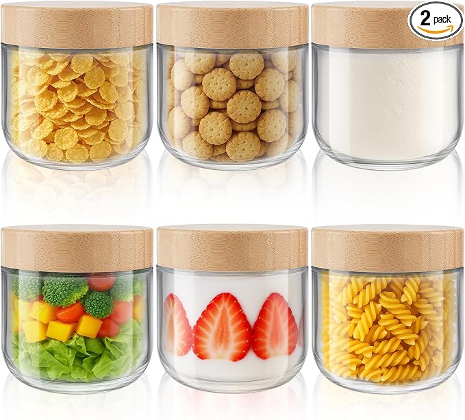 Tecohouse Chia Pudding Jars with lids, 6 Pack 12 OZ Overnight Oats Containers with Bamboo Lids, Mason Glass Cosmetic Jars with Airtight Lids For Salad, Meal Prep, Snacks, Spice, Suger, Yogurt