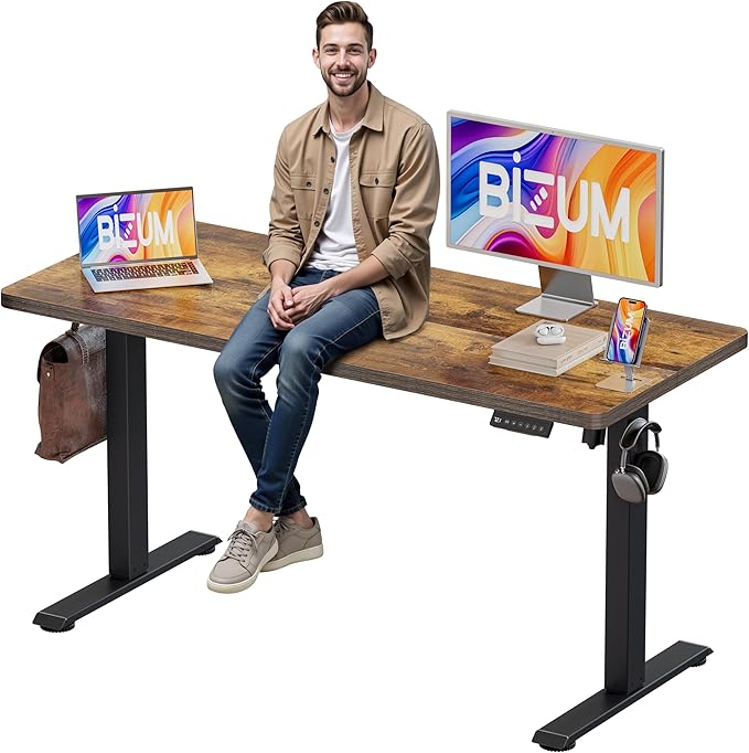 BIZUM Electric Standing Desk, Rustic Brown Sit to Stand Desk Memory Gaming