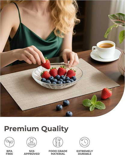 Leetaltree Beige Placemats Set of 6 - Heat-Resistant, Non-Slip Table Mats, Washable Woven Vinyl for Indoor & Outdoor Dining