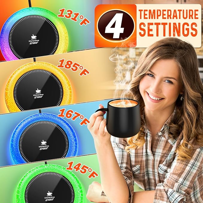 Coffee Mug Warmer with 7 LED Color Lights – Fast Heating & High Temp, Auto On/Off Gravity Sensor, Smart Electric Beverage Warmer for Coffee, Tea & More, Desk & Home Use(White)