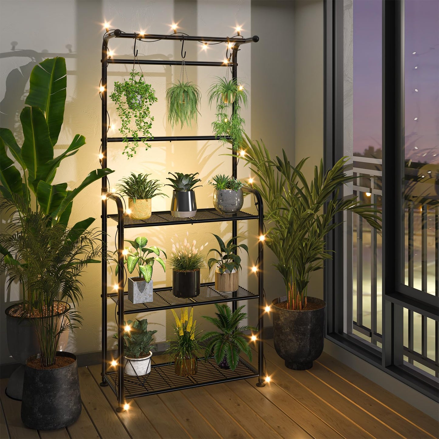 Ekisemio Plant Stands Outdoor with Hooks, Metal Tall Plant Shelves Indoor for Hanging Planter, Black