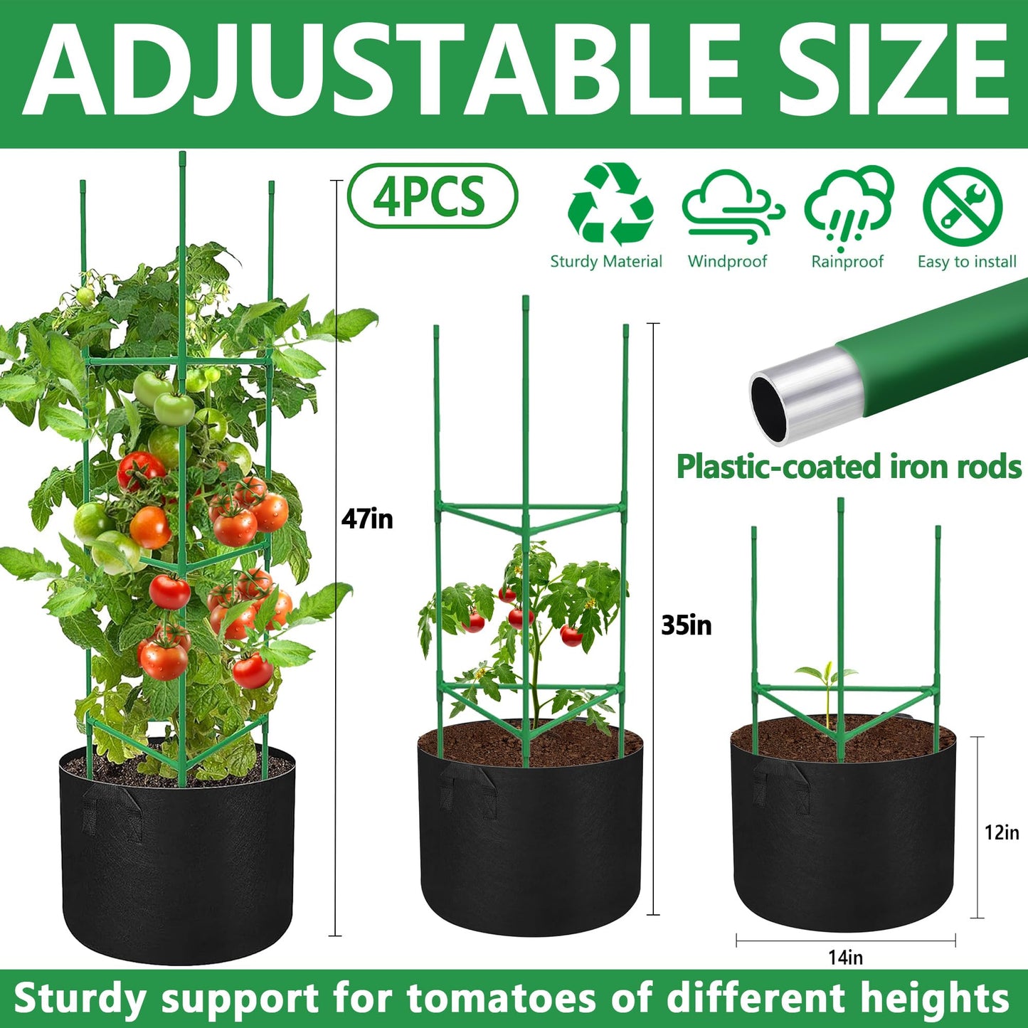 4 Packs 47 x 12 Inch Garden Tomato Cages with Grow Bags- Triangle Plant Support Trellis Assembled with Planter Bags- Garden Cucumber Vegetables Frames for Vertical Climbing Plants