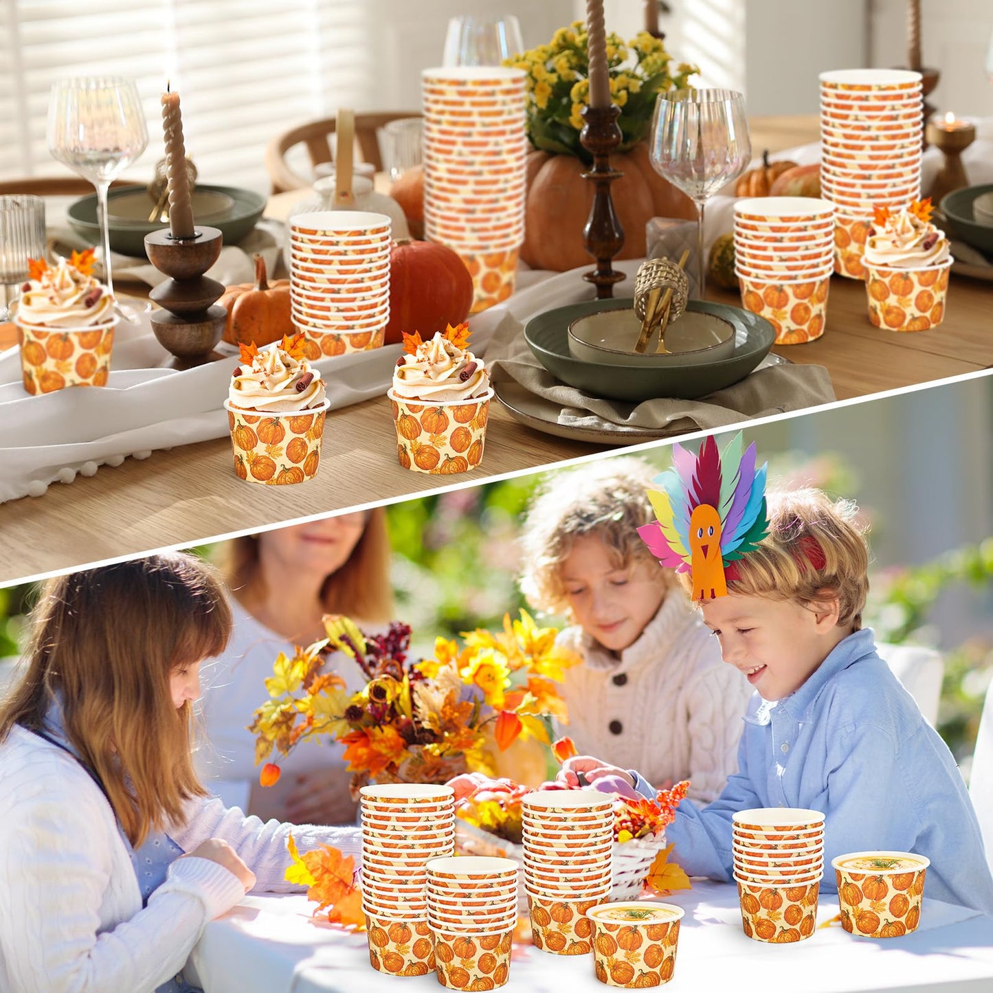 Whaline 50 Pcs Fall Pumpkin Snack Cups Watercolor Pumpkin Maple Leaves Disposable Bowls 9oz Ice Cream Dessert Treat Paper Bowls for Autumn Harvest Thanksgiving Party Food Supplies