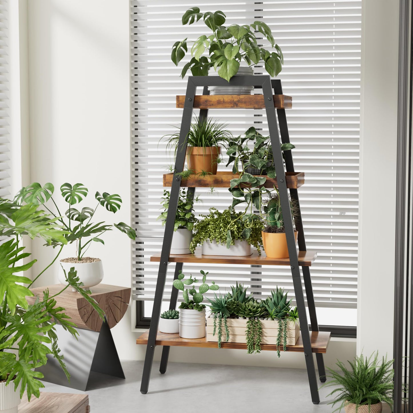 VECELO Book Shelf, 4 Tier Wooden Ladder Bookcase with Metal Frame, Enclosed Edges Combined with Open Display, Decorative and Plant Stand for Living Room/Farmhouse/Bedroom/Home Office-Brown