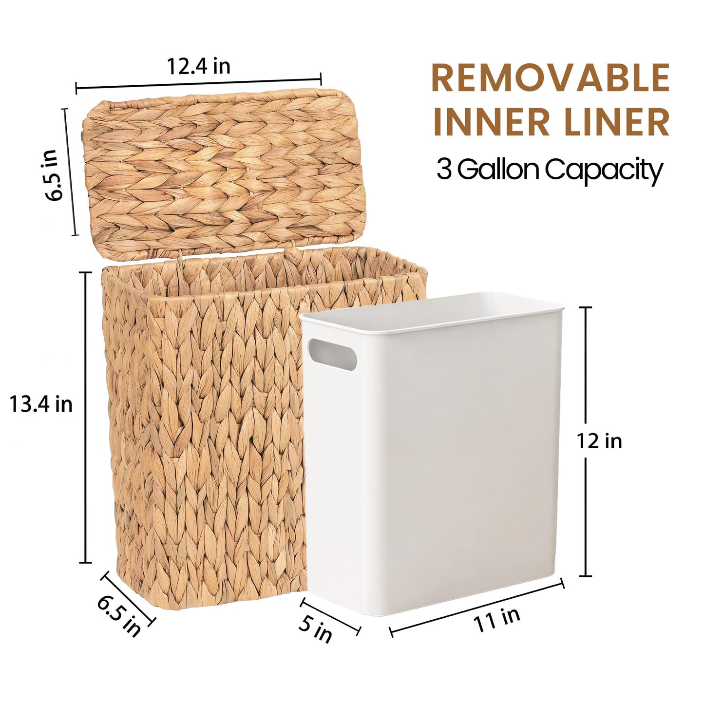 Felthritn Wicker Trash Can,3 Gallon Bathroom Trash Can with Lid,Handwoven Water Hyacinth Rattan Waste Basket with Removable Liner and Built-in Handles for Bedroom,Toilet,Narrow Spaces