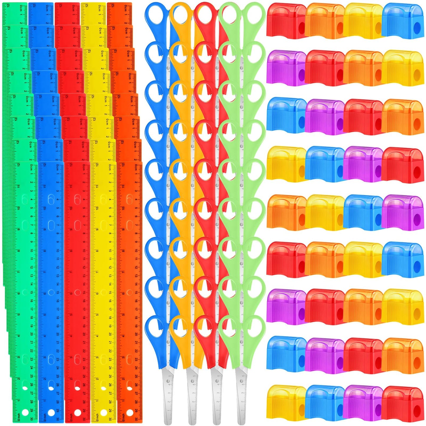 AmazingSpark 108 Pcs Operation Christmas Gifts 36 Clear Plastic Ruler 12 Inch 36 Safety Blunt Tip Student Scissors 36 Miniature Pencil Sharpeners with Cover for Operation Christmas Gifts Bags Stuffers