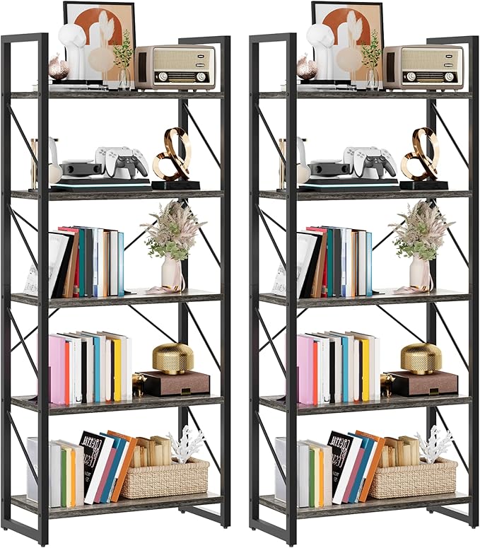 DWVO 5 Tier Bookshelf 2 Pack, Industrial Bookshelves Open Shelf Bookcase