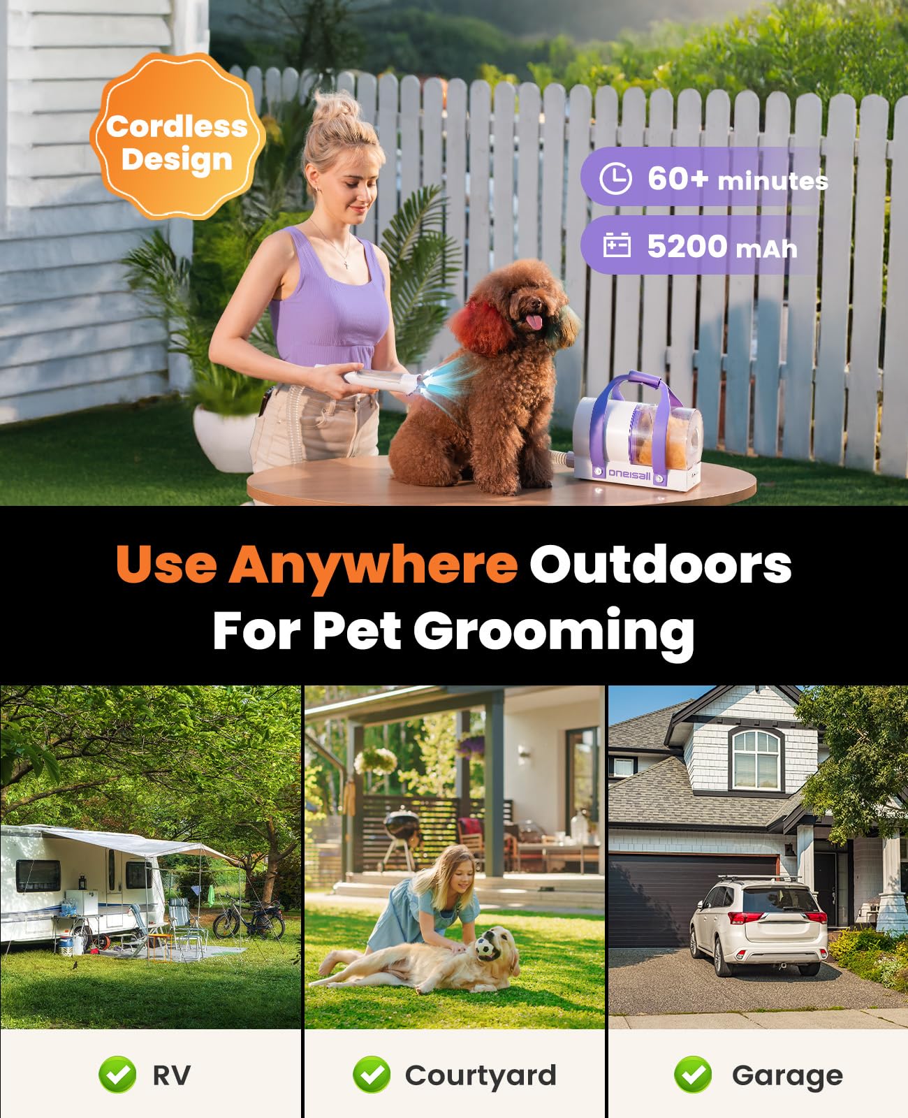 oneisall Cordless Low Noise Dog Grooming Vacuum,5200 mAh Dog Grooming Kit with Clippers,Nail Grinder,Trimmer,2L Dustbin for Shedding with Grooming Tools-Quiet Suitable for All Breeds,Comfy C1