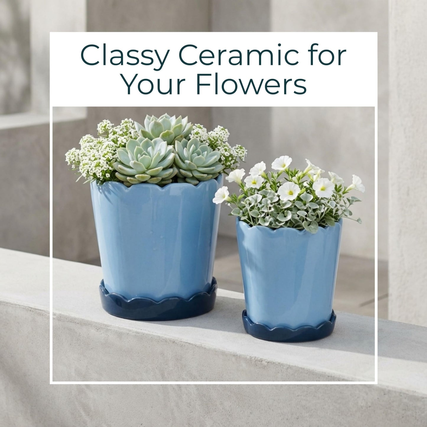 Modern Ceramic Flower Pots for Home Decor Accent - Scalloped Edge Planters and Pots for Plants with Glazed Design - Glossy Planters for Indoor and Outdoor Display - Set of 2, 8", 7", Blue