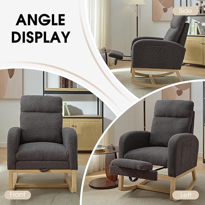 NIOIIKIT Modern Nursery Rocking Chair, Teddy Upholstered Rocking Chair