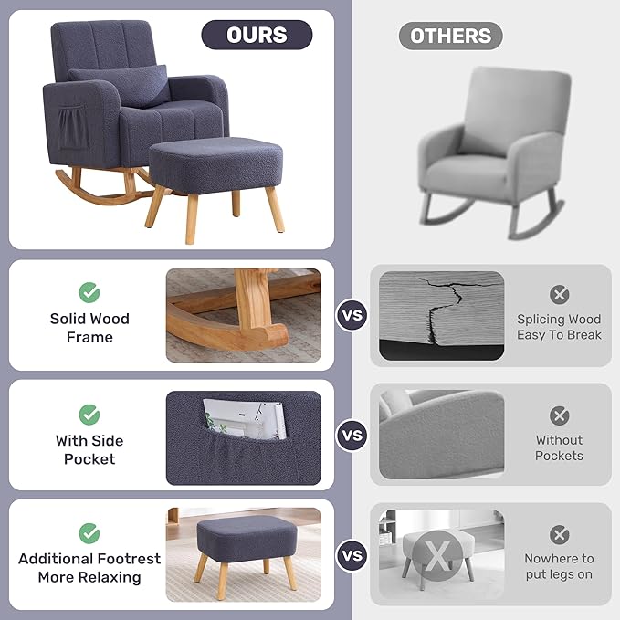 HCHAIRH Rocking Chair with Ottoman, Upholstered Glider Rocker with High