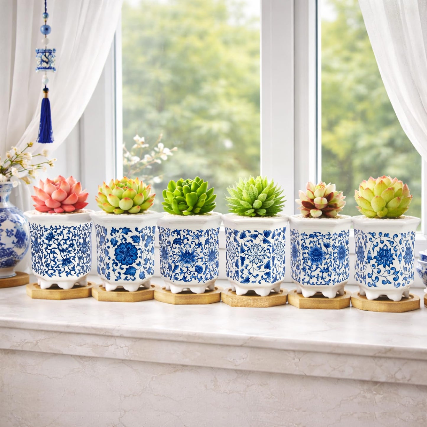 Succulent Pots, Small Ceramic Pots for Plants Set of 6, 3.3" Succulent Planters with Drainage & Saucers, Mini Plant Pots for Indoor Plants, Cactus, Small Flower Pots for Home Office