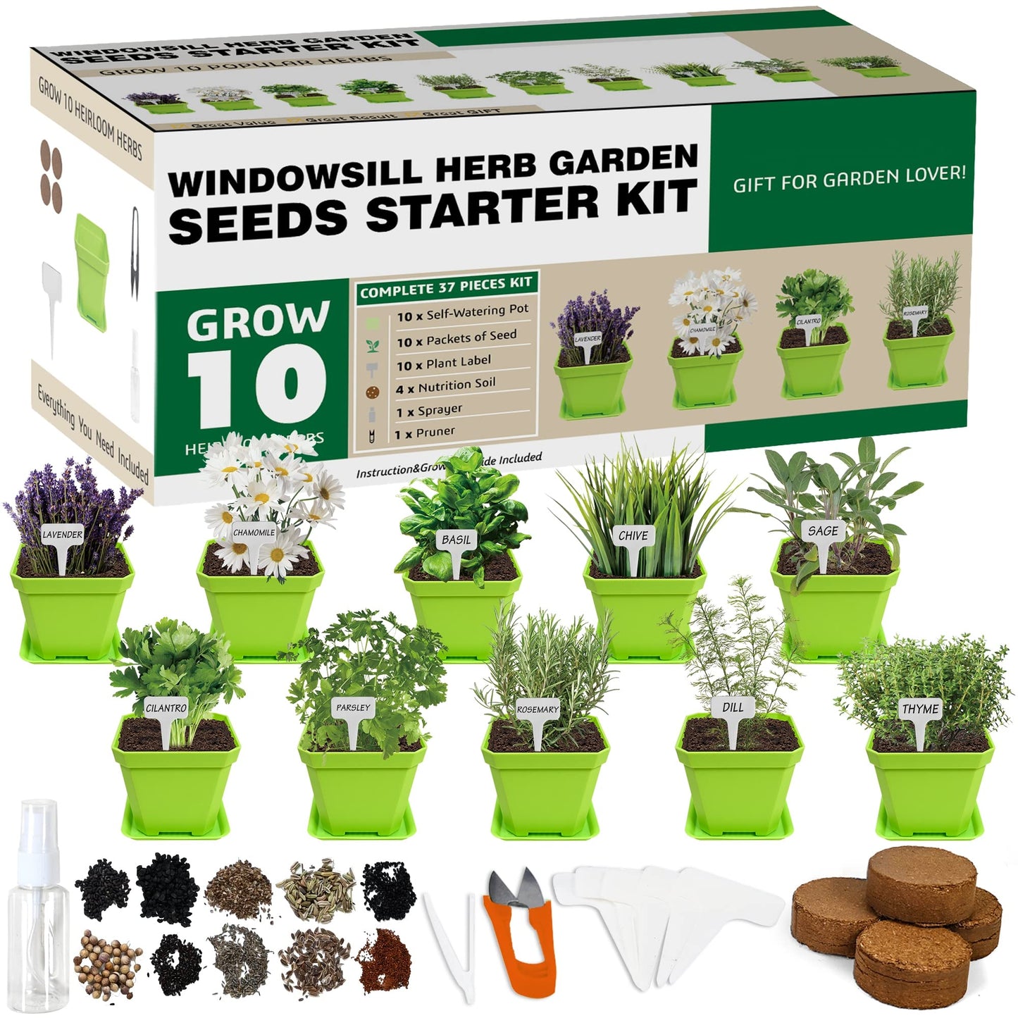 Meekear 10 Herb Seeds Garden Starter Grow Kit with Green Pots, Markers, Soil Discs, Watering, Herb Clipper, Complete Indoor Potted Plant Growing Set for Kitchen DIY