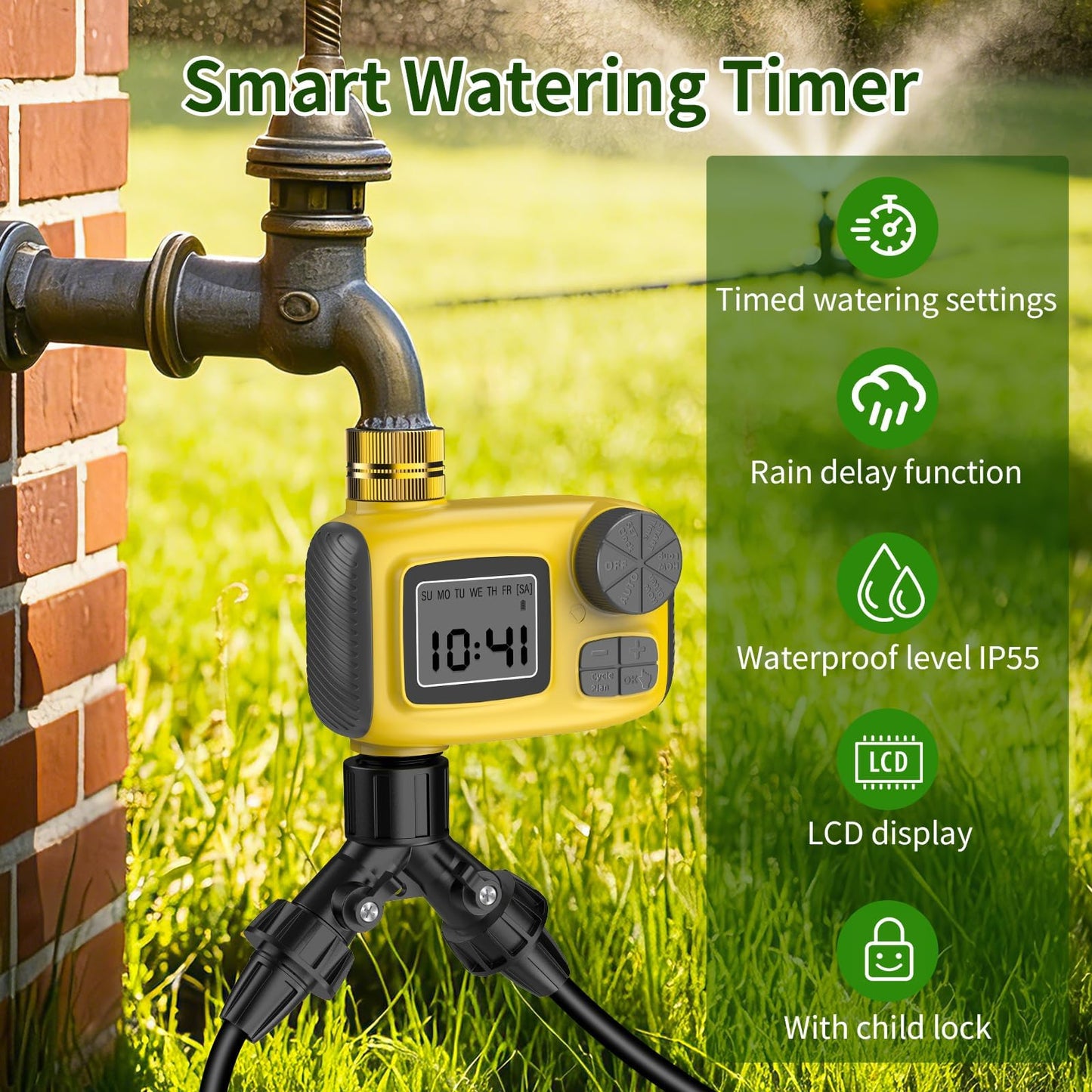 165FT Drip Irrigation System with Timer, Automatic DIY Garden Watering Kit with 1/2" & 1/4" Tubing, Solid Brass Connectors & Adjustable Sprayers for Plants, Garden, Lawn, Greenhouse, Raised Beds