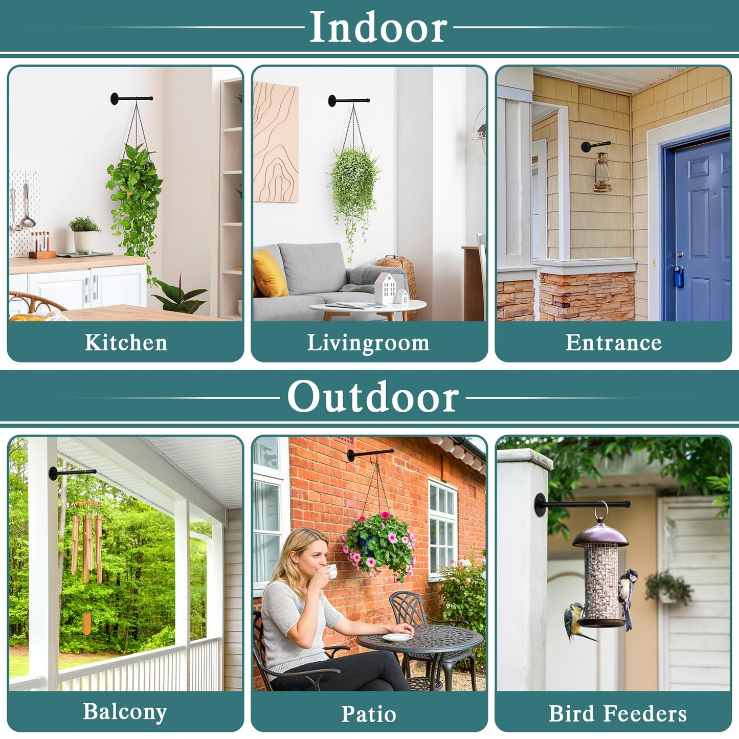 2 Set Plant Wall Hanger Rod(12.2'') with Hanging Chain, Heavy Duty Metal Rod Hanging Holder 30lbs Weight Capacity for Indoor/Outdoor Plants, Mounted Plant Shelves for Wall Window(Pot Not Included)