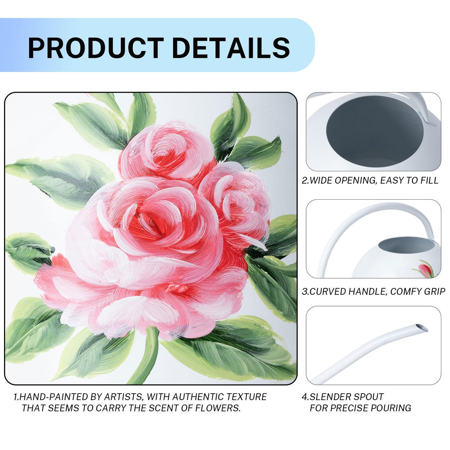 MOYEE Small White Metal Long Spout Watering Can Outdoor Indoor Spray Bottle for Plants Hand Drawn Patterns,1/2 Gallon Plant Mister Durable Metal Structure Lawn Garden Watering Equipment