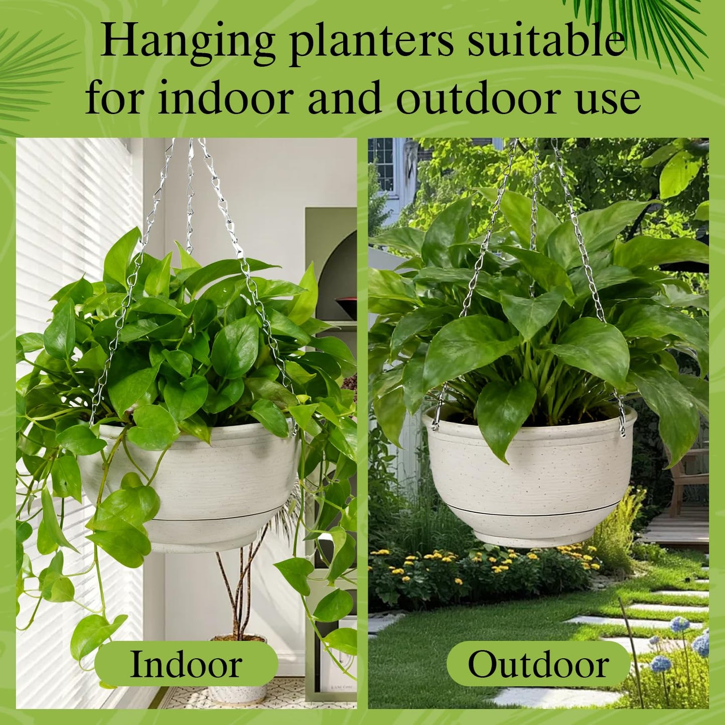 VIDELLY 9 Inch Hanging Planter 2-Pack, Beige Hanging Flower Pots with Chains – Indoor Outdoor Hanging Baskets with Drainage Holes for Balcony, Patio, Garden & Small Space Decor