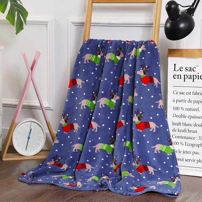Elegant Comfort Luxury Velvet Super Soft Christmas Prints Fleece Blanket-Holiday Theme Home Décor Fuzzy Warm and Cozy Throws for Winter Bedding, Couch and Gift, 50 x 60 inch, Dogs in Sweater