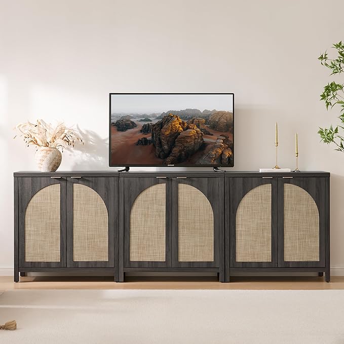 SICOTAS 102"W Rattan Sideboard Buffet Cabinet Set of 3, Modern Credenza Storage