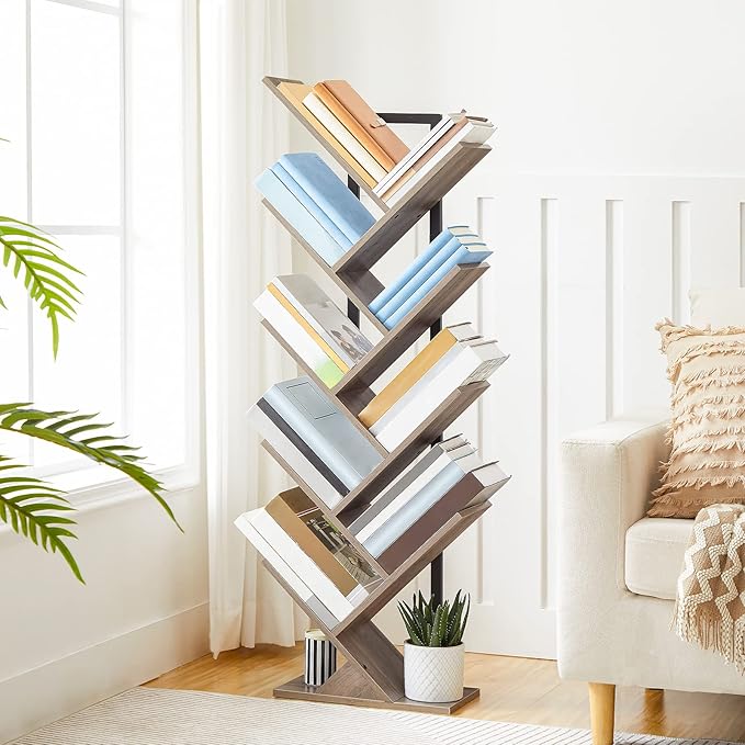 HOOBRO Tree Bookshelf, 9-Tier Bookcase Wooden Shelves, Floor Standing Storage