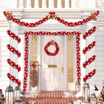 50 Feet Red Christmas Tinsel Garland with Snowflake Ornaments Metallic Twist Shiny Xmas Decorations Tree Garlands for Home Mantle Office Stair Indoor Outdoor Holiday Decor Party Supplies