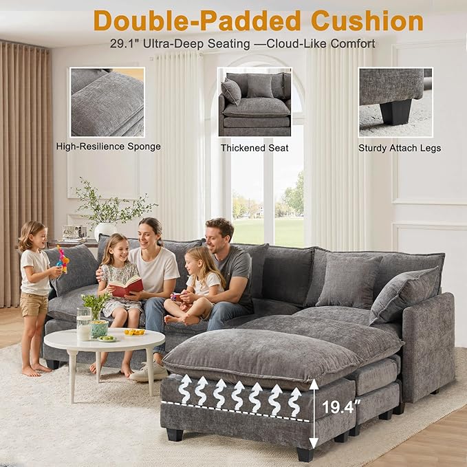 111.4" L-Shaped Cloud Chenille Sofa Sectional Couch