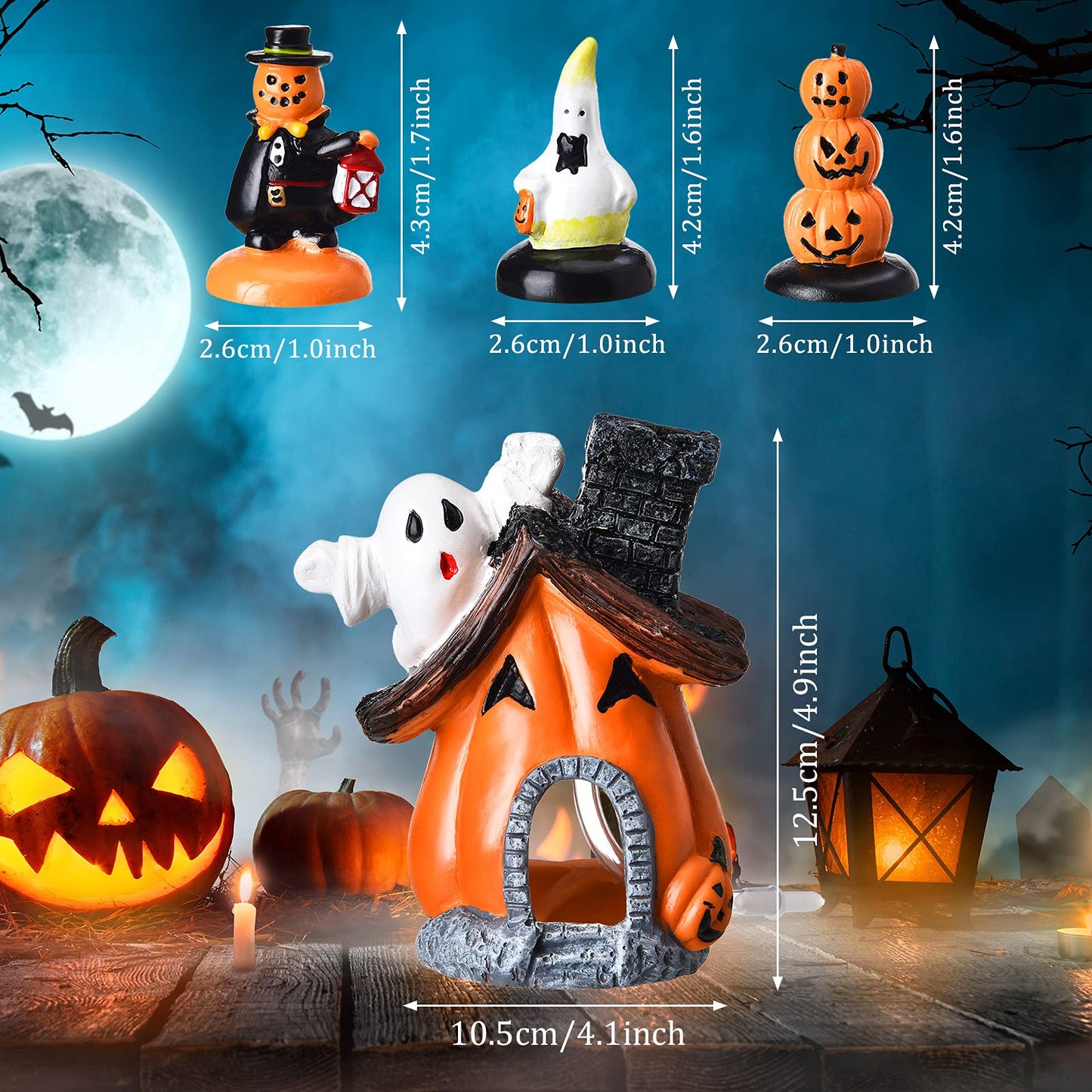 Blulu 4 Pieces Halloween Decorations for Fish Tank Miniature Figurines Indoor Outdoor Resin Ghost Pumpkin Bubble House Statue Set Halloween Ornament Garden Decor
