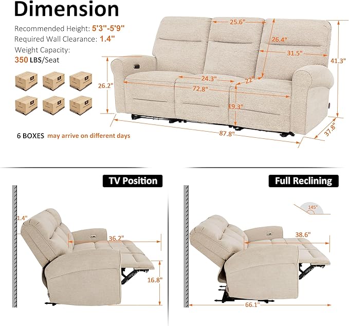 MCombo 87.8" Wall Hugger Power Reclining Sofa, 3-Seat Triple Recliner Couch